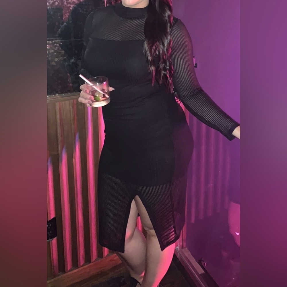 Express Black Long Sleeve Dress with Sheer Details